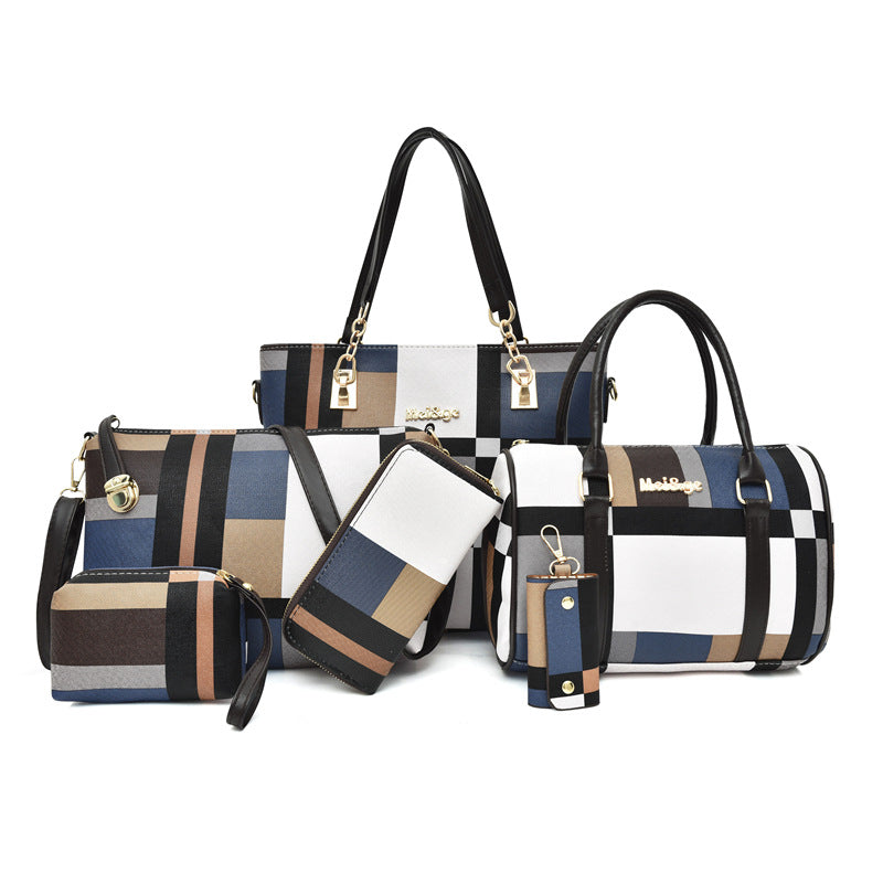 Women’s 6‑piece Korean‑style plaid handbag set