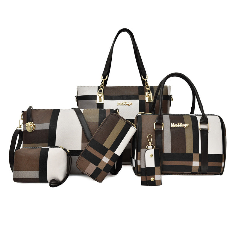 Women’s 6‑piece Korean‑style plaid handbag set