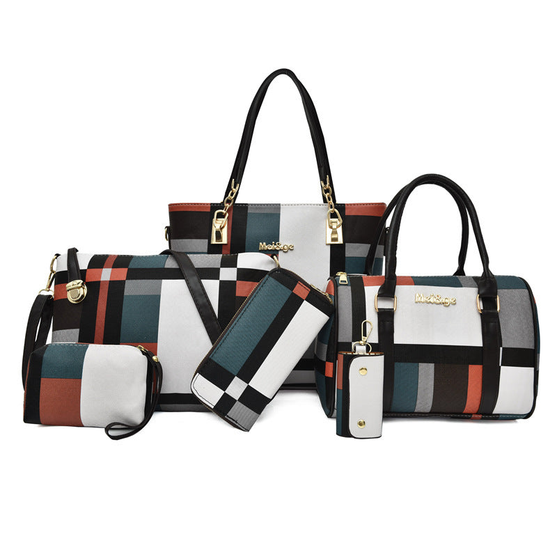 Women’s 6‑piece Korean‑style plaid handbag set
