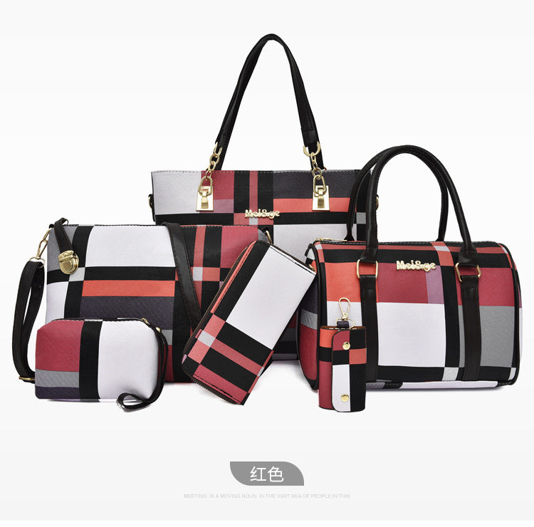 Women’s 6‑piece Korean‑style plaid handbag set