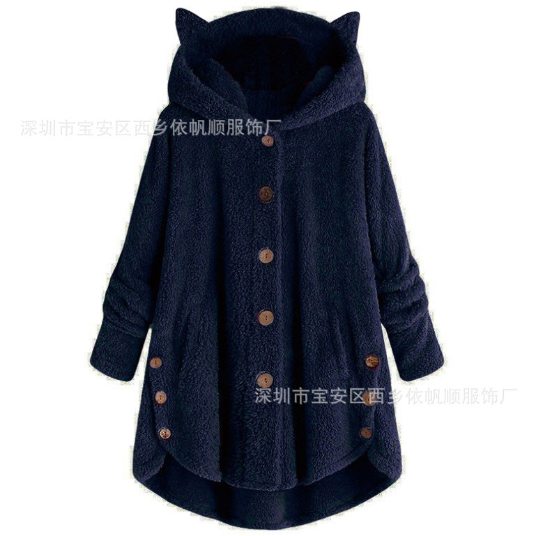 😺Women’s Cat Ear Hooded Plush Jacket – Solid Color, Irregular Hem