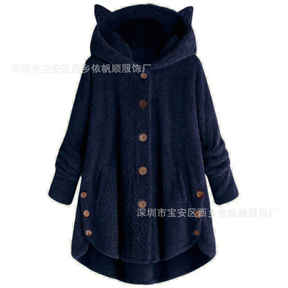 😺Women’s Cat Ear Hooded Plush Jacket – Solid Color, Irregular Hem