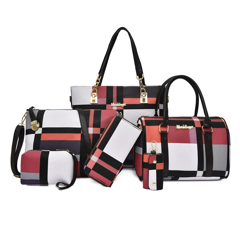 Women’s 6‑piece Korean‑style plaid handbag set