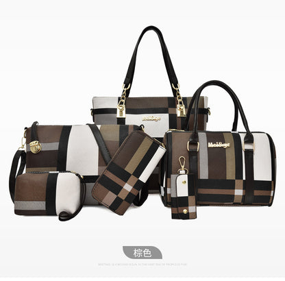 Women’s 6‑piece Korean‑style plaid handbag set