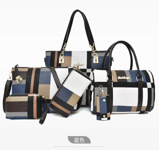 Women’s 6‑piece Korean‑style plaid handbag set