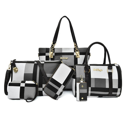 Women’s 6‑piece Korean‑style plaid handbag set