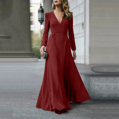🌸V-Ausschnitt Langarm-Schwingkleid – Schmale Passform, Bindegürtel, Mehrfarbig