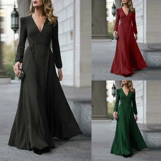 🌸V‑Neck Long Sleeve Swing Dress – Slim Fit, Tie Waist, Multi‑Color