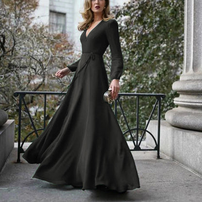 🌸V-Ausschnitt Langarm-Schwingkleid – Schmale Passform, Bindegürtel, Mehrfarbig