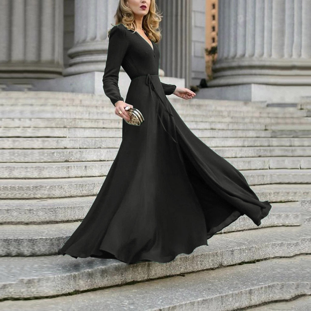 🌸V-Ausschnitt Langarm-Schwingkleid – Schmale Passform, Bindegürtel, Mehrfarbig