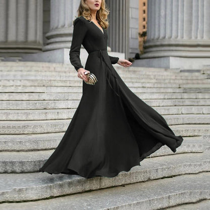 🌸V-Ausschnitt Langarm-Schwingkleid – Schmale Passform, Bindegürtel, Mehrfarbig