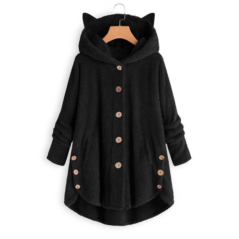 😺Women’s Cat Ear Hooded Plush Jacket – Solid Color, Irregular Hem