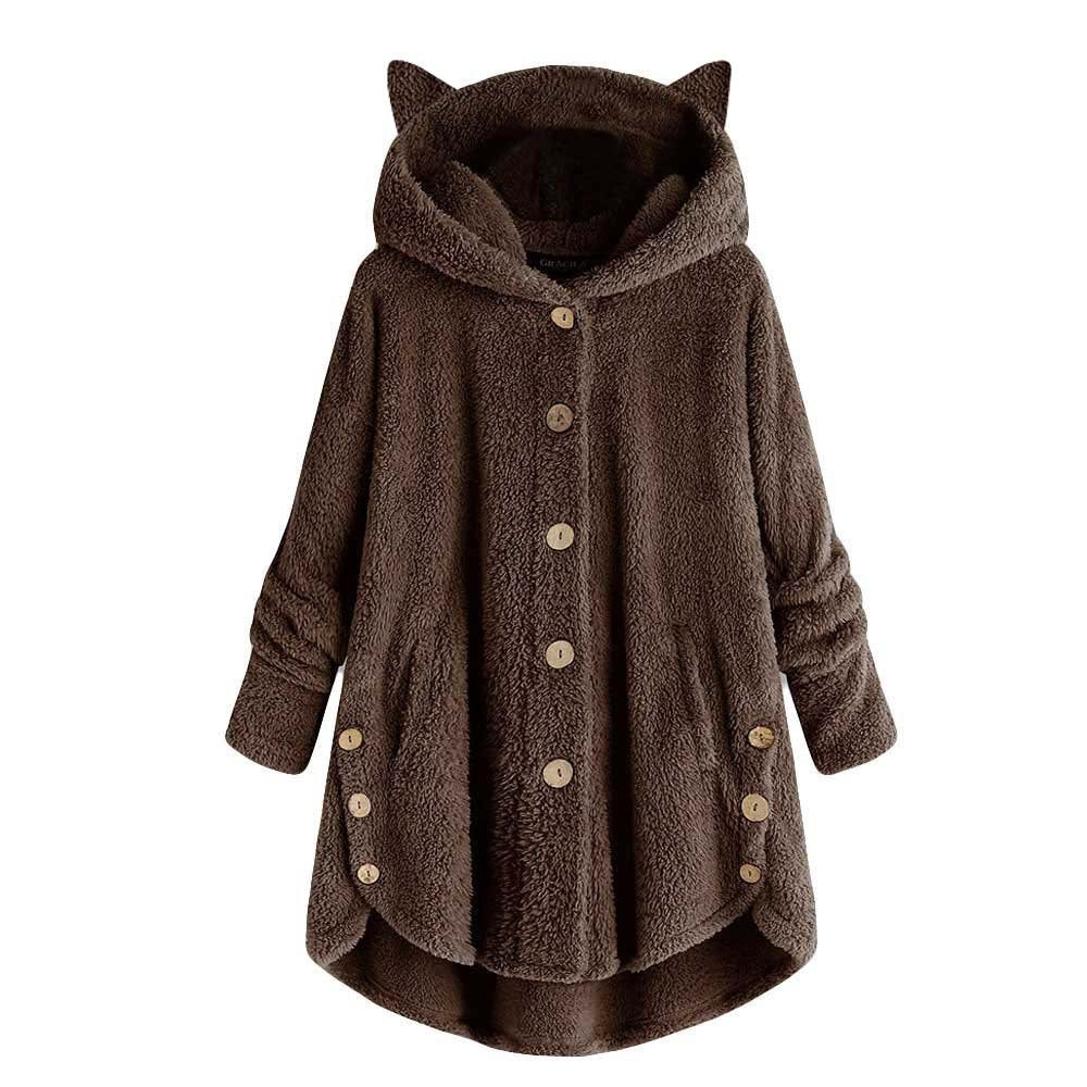 😺Women’s Cat Ear Hooded Plush Jacket – Solid Color, Irregular Hem