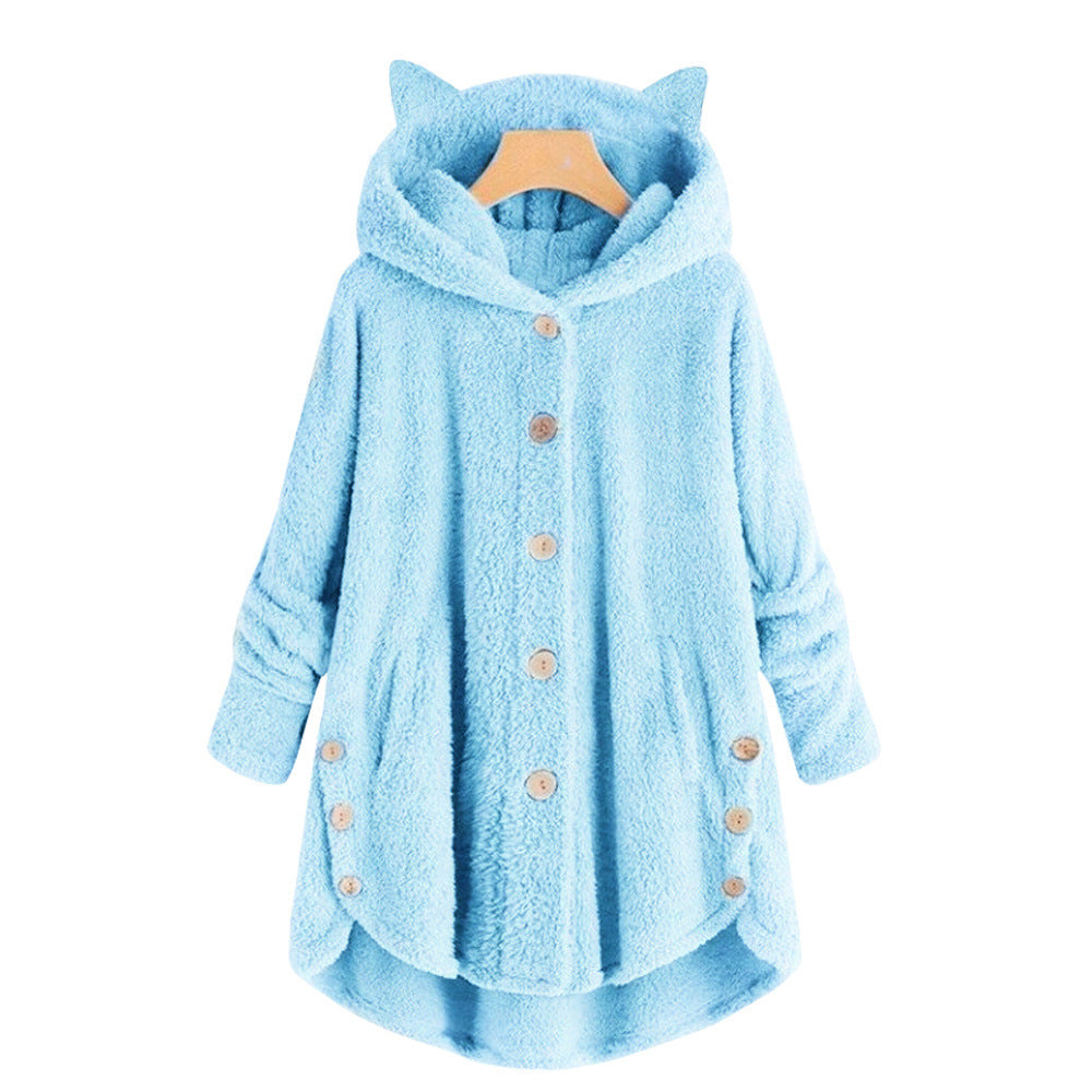 😺Women’s Cat Ear Hooded Plush Jacket – Solid Color, Irregular Hem