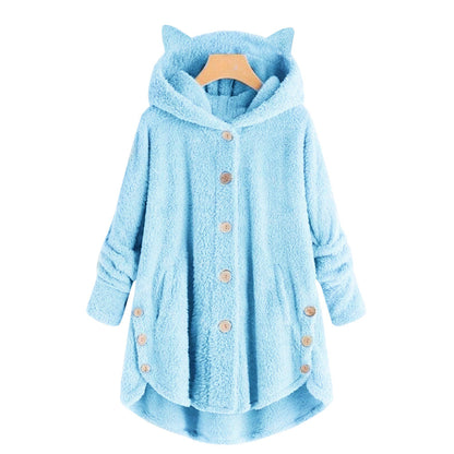😺Women’s Cat Ear Hooded Plush Jacket – Solid Color, Irregular Hem