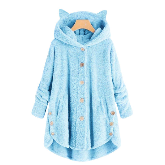 😺Damen Kapuzen-Plüschjacke mit Katzenohren – einfarbig, unregelmäßiger Saum