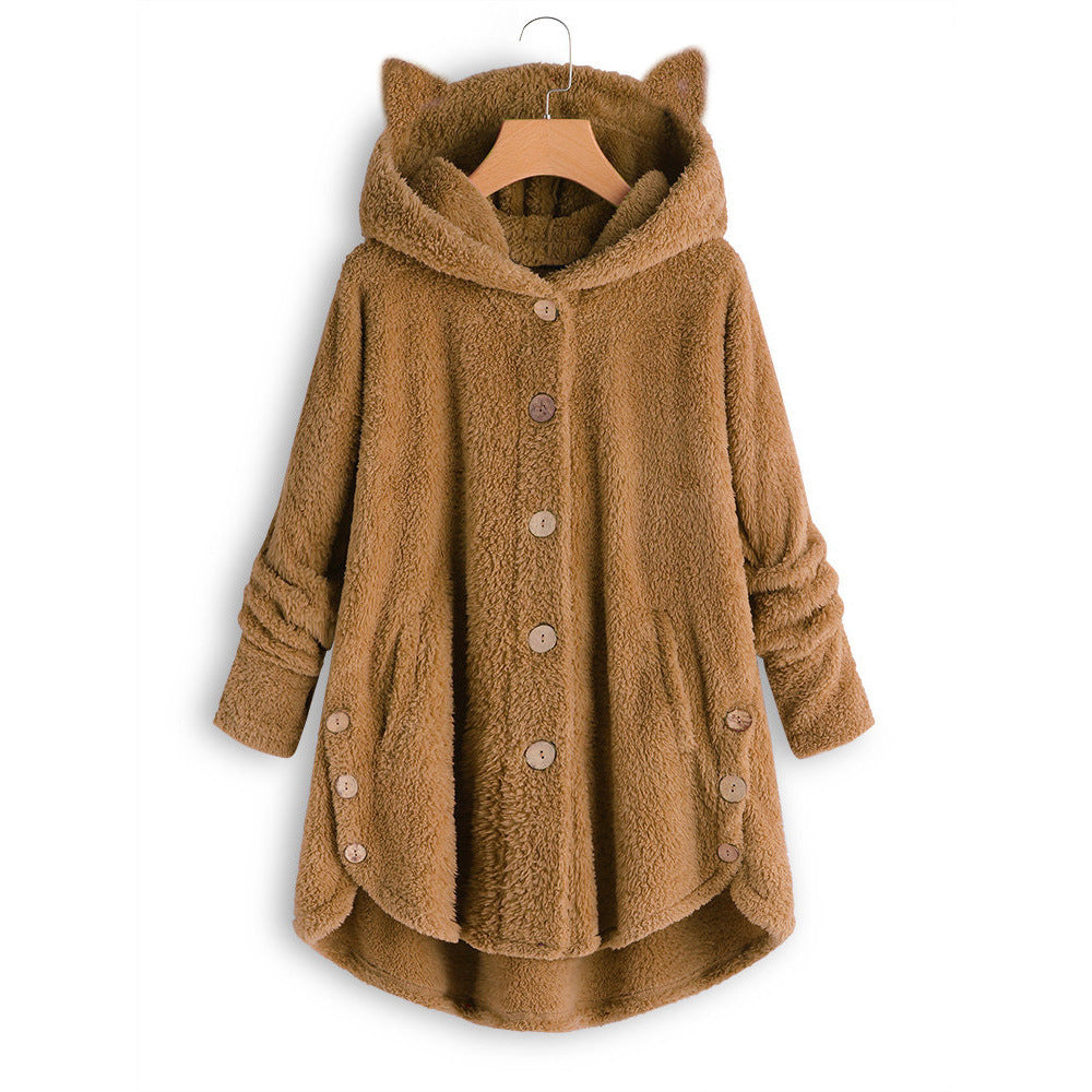 😺Women’s Cat Ear Hooded Plush Jacket – Solid Color, Irregular Hem