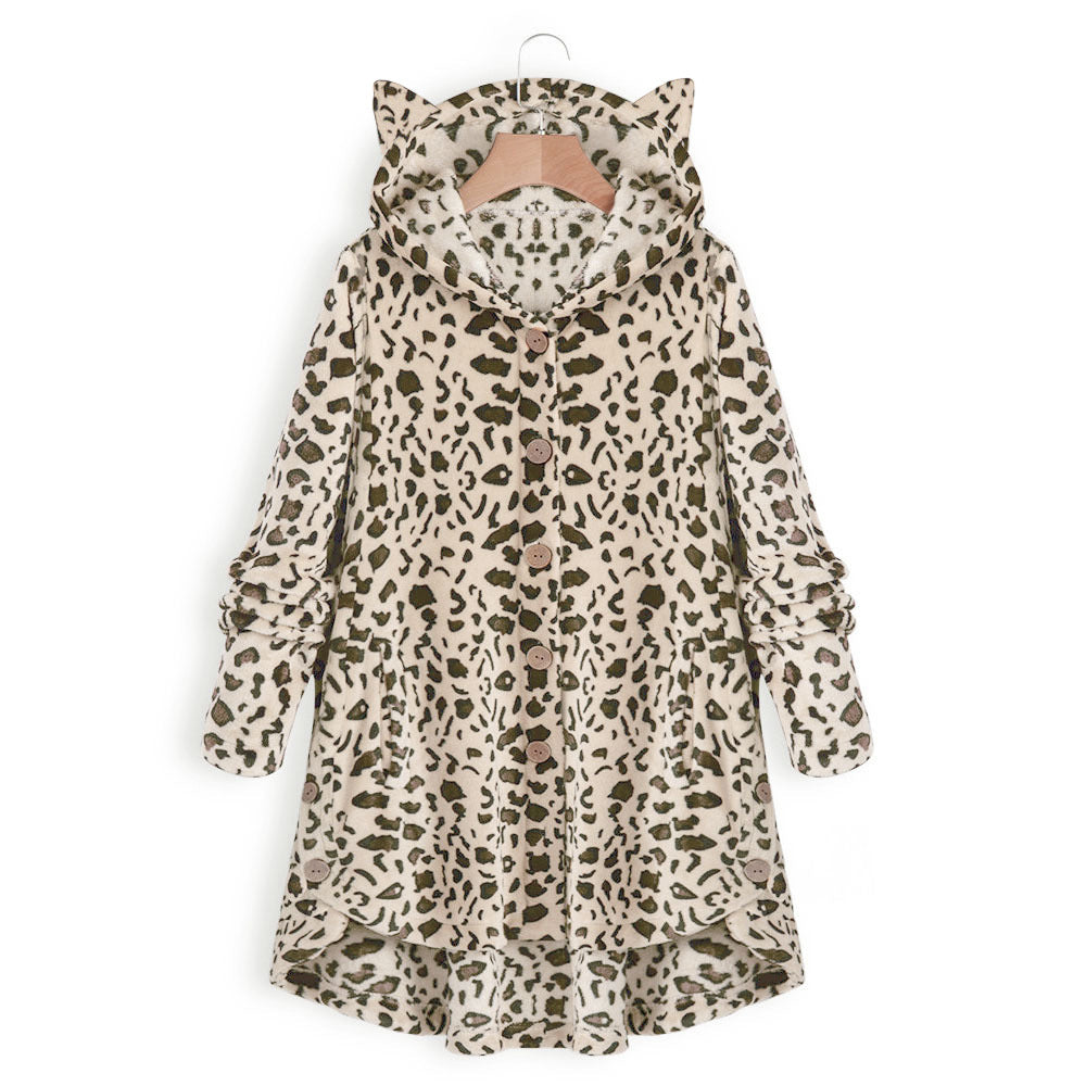 😺Women’s Cat Ear Hooded Plush Jacket – Solid Color, Irregular Hem