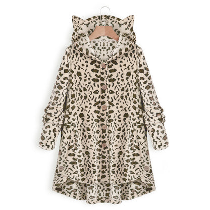 😺Women’s Cat Ear Hooded Plush Jacket – Solid Color, Irregular Hem