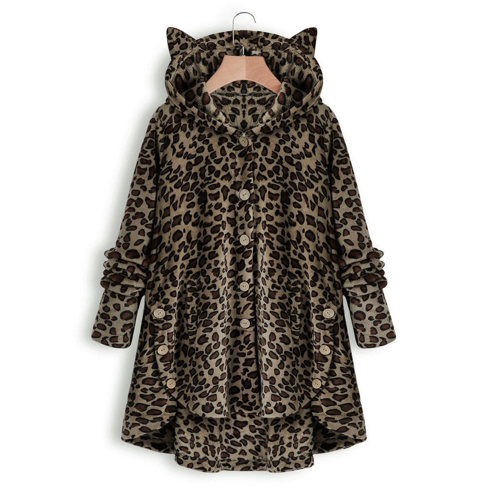 😺Women’s Cat Ear Hooded Plush Jacket – Solid Color, Irregular Hem
