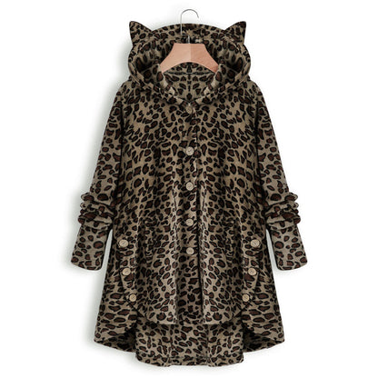 😺Women’s Cat Ear Hooded Plush Jacket – Solid Color, Irregular Hem