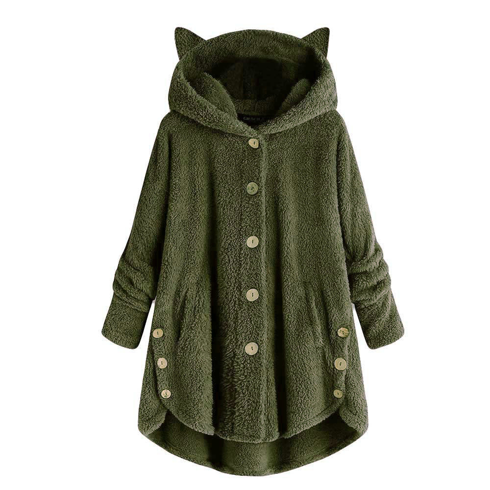😺Women’s Cat Ear Hooded Plush Jacket – Solid Color, Irregular Hem