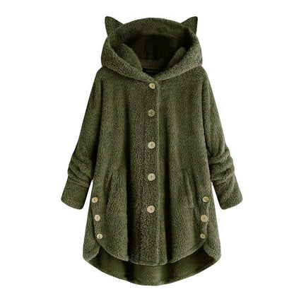 😺Women’s Cat Ear Hooded Plush Jacket – Solid Color, Irregular Hem