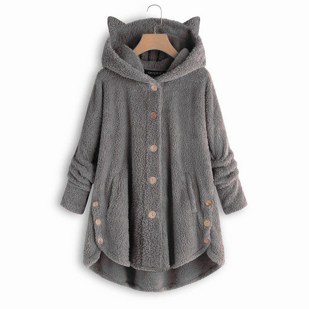 😺Women’s Cat Ear Hooded Plush Jacket – Solid Color, Irregular Hem