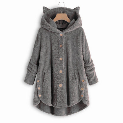 😺Women’s Cat Ear Hooded Plush Jacket – Solid Color, Irregular Hem