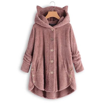 😺Women’s Cat Ear Hooded Plush Jacket – Solid Color, Irregular Hem