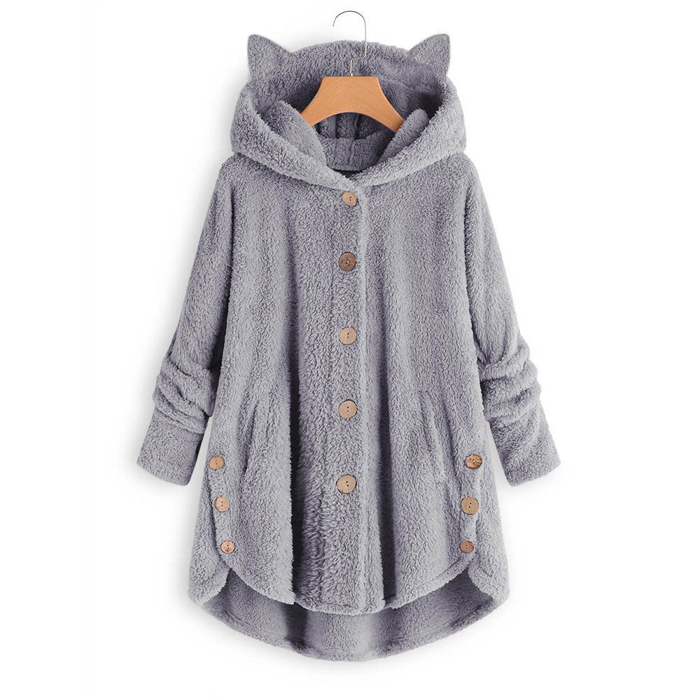 😺Women’s Cat Ear Hooded Plush Jacket – Solid Color, Irregular Hem