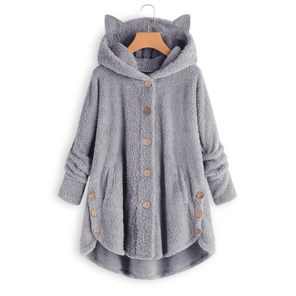 😺Women’s Cat Ear Hooded Plush Jacket – Solid Color, Irregular Hem