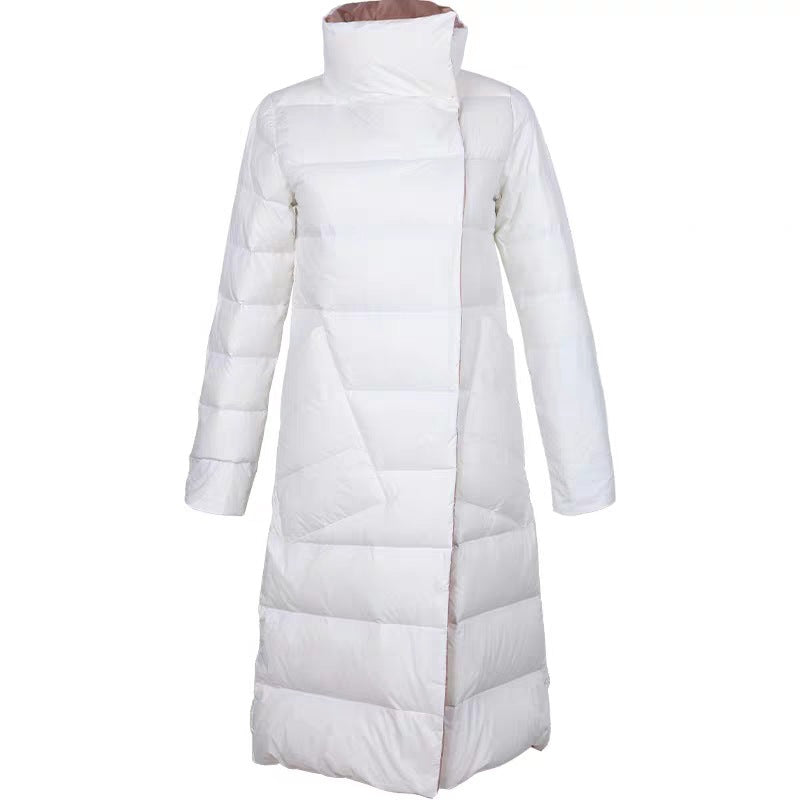 Women’s Lightweight Long Down Coat – Stand Collar White Duck Down Winter Parka
