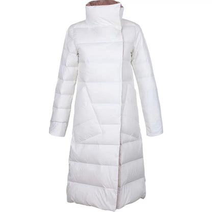 Women’s Lightweight Long Down Coat – Stand Collar White Duck Down Winter Parka