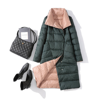 Women’s Lightweight Long Down Coat – Stand Collar White Duck Down Winter Parka