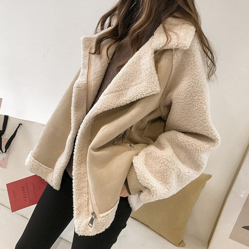 🧥 Autumn / Winter Women’s Suede Lambskin Jacket – Loose Motorcycle Style with Fur & Tassel Detail
