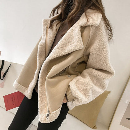 🧥 Autumn / Winter Women’s Suede Lambskin Jacket – Loose Motorcycle Style with Fur & Tassel Detail