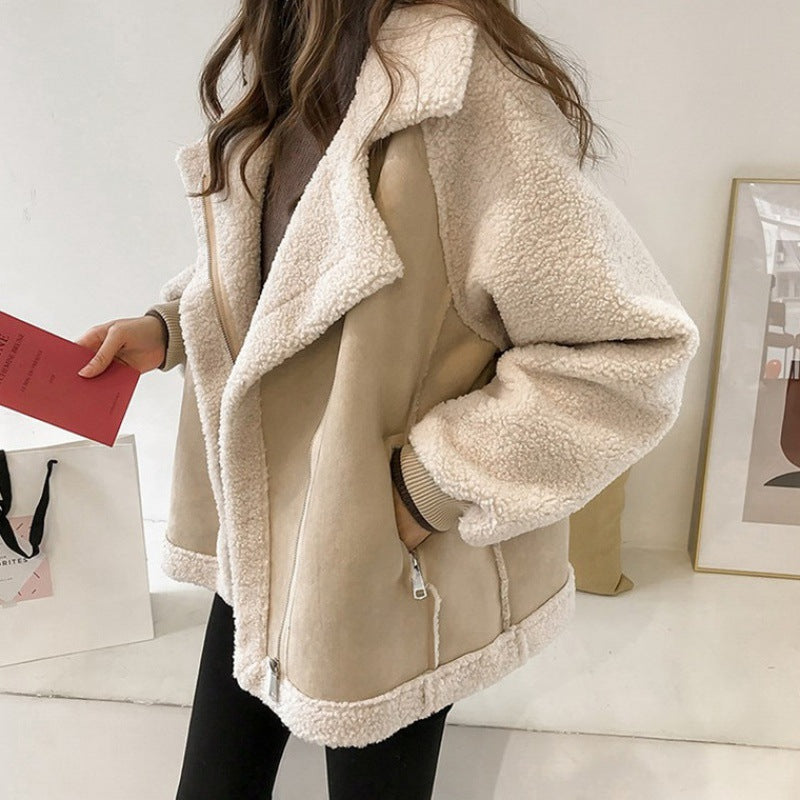 🧥 Autumn / Winter Women’s Suede Lambskin Jacket – Loose Motorcycle Style with Fur & Tassel Detail