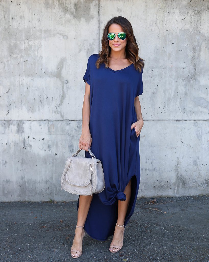 🌸Einfarbiges Damen-Maxikleid mit V-Ausschnitt und Seitenschlitz👗