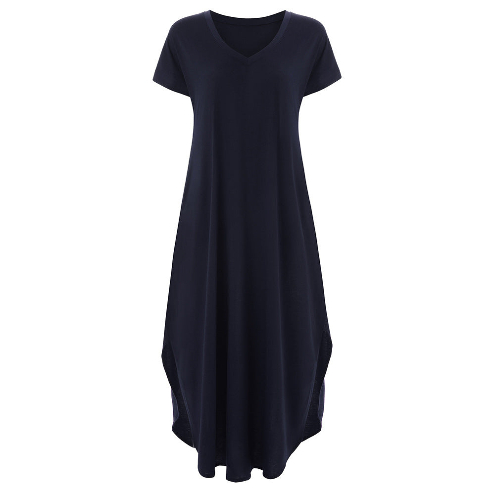 🌸Einfarbiges Damen-Maxikleid mit V-Ausschnitt und Seitenschlitz👗