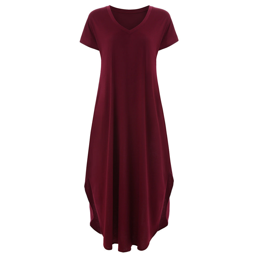 🌸Einfarbiges Damen-Maxikleid mit V-Ausschnitt und Seitenschlitz👗