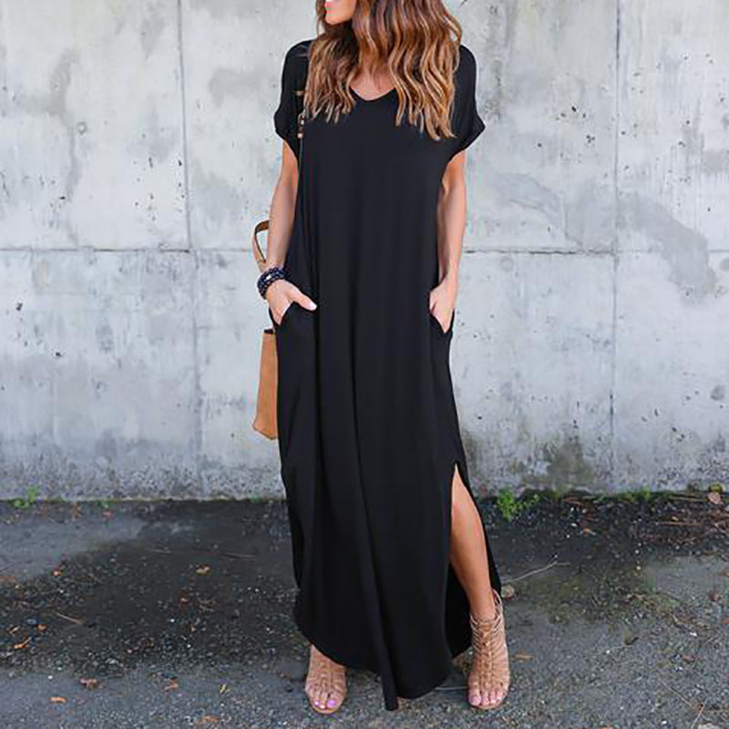 🌸Einfarbiges Damen-Maxikleid mit V-Ausschnitt und Seitenschlitz👗