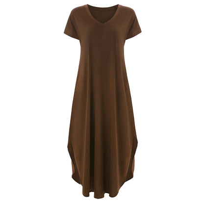 🌸Einfarbiges Damen-Maxikleid mit V-Ausschnitt und Seitenschlitz👗