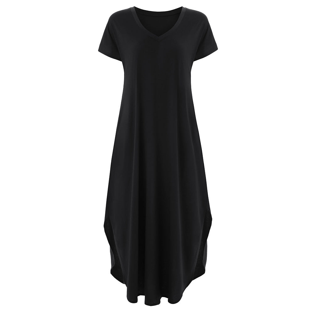 🌸Einfarbiges Damen-Maxikleid mit V-Ausschnitt und Seitenschlitz👗