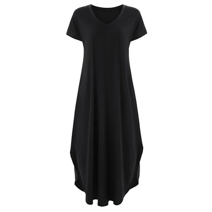 🌸Einfarbiges Damen-Maxikleid mit V-Ausschnitt und Seitenschlitz👗