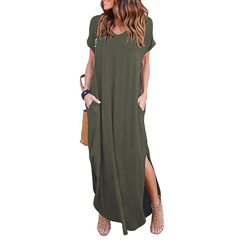 🌸Einfarbiges Damen-Maxikleid mit V-Ausschnitt und Seitenschlitz👗