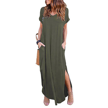 🌸Einfarbiges Damen-Maxikleid mit V-Ausschnitt und Seitenschlitz👗