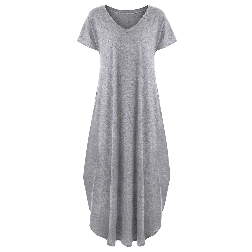 🌸Einfarbiges Damen-Maxikleid mit V-Ausschnitt und Seitenschlitz👗