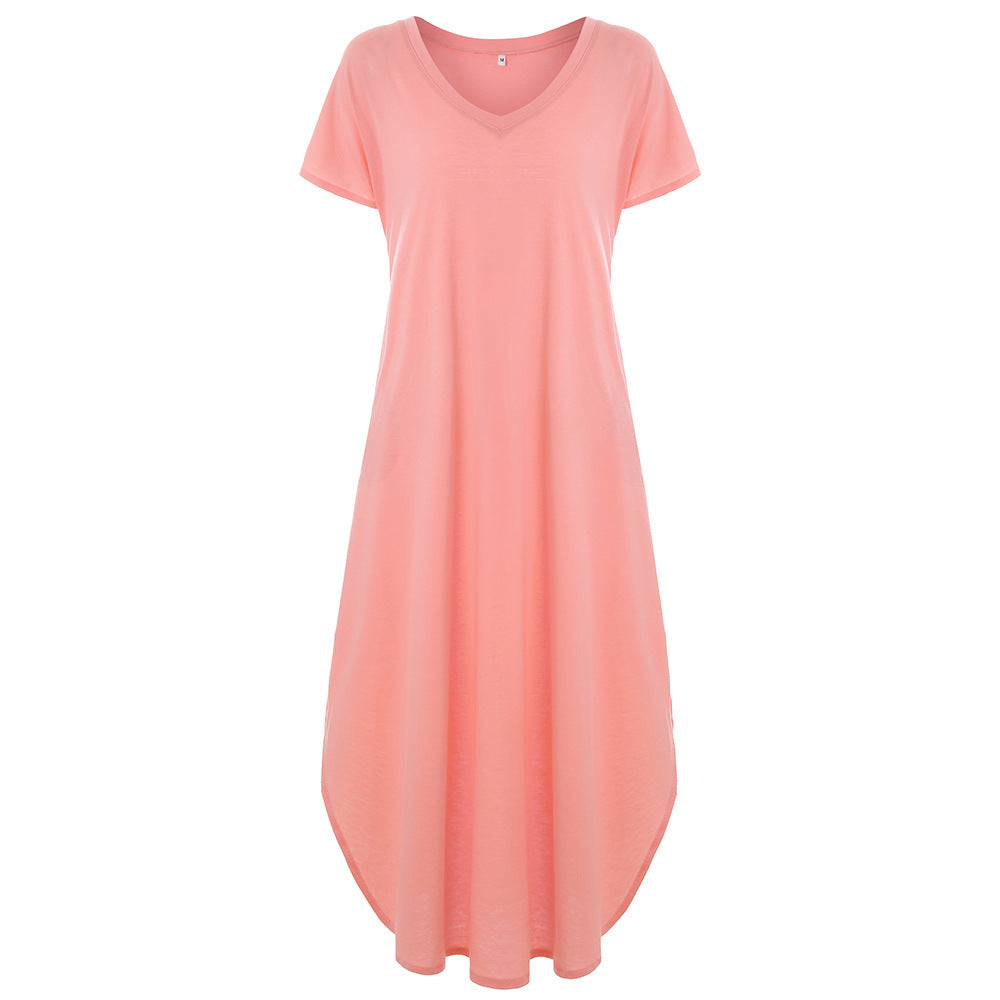 🌸Einfarbiges Damen-Maxikleid mit V-Ausschnitt und Seitenschlitz👗