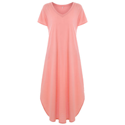 🌸Einfarbiges Damen-Maxikleid mit V-Ausschnitt und Seitenschlitz👗